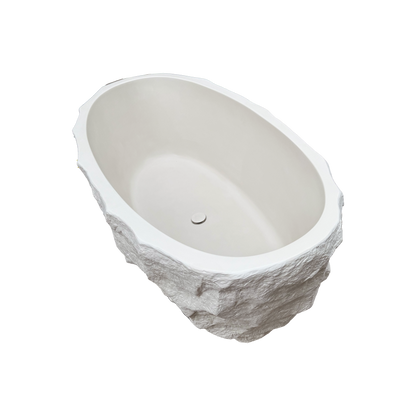 Medunjess 67.5" Raw Travertine-Style Solid Surface Deep Soaking Tub Freestanding Bathtub