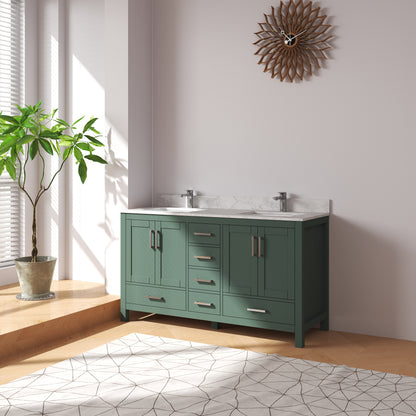 Medunjess 60" Green Wood Double Sink Bathroom Vanity with Quartz Top