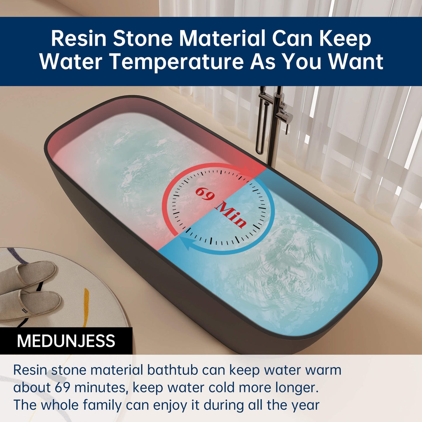 Medunjess 67'' Freestanding Soaking Bathtub Solid Surface Soaking Tubs in Matte Black