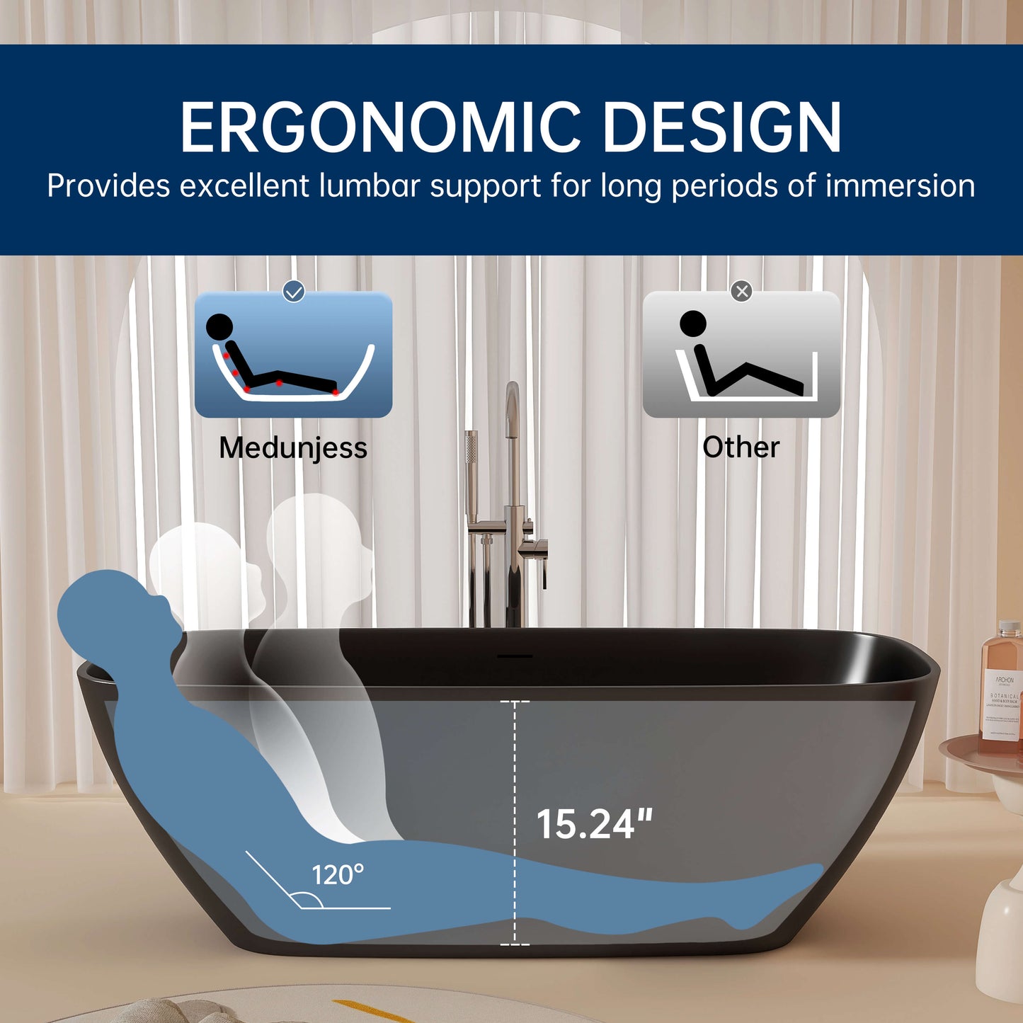 Medunjess 67'' Freestanding Soaking Bathtub Solid Surface Soaking Tubs in Matte Black