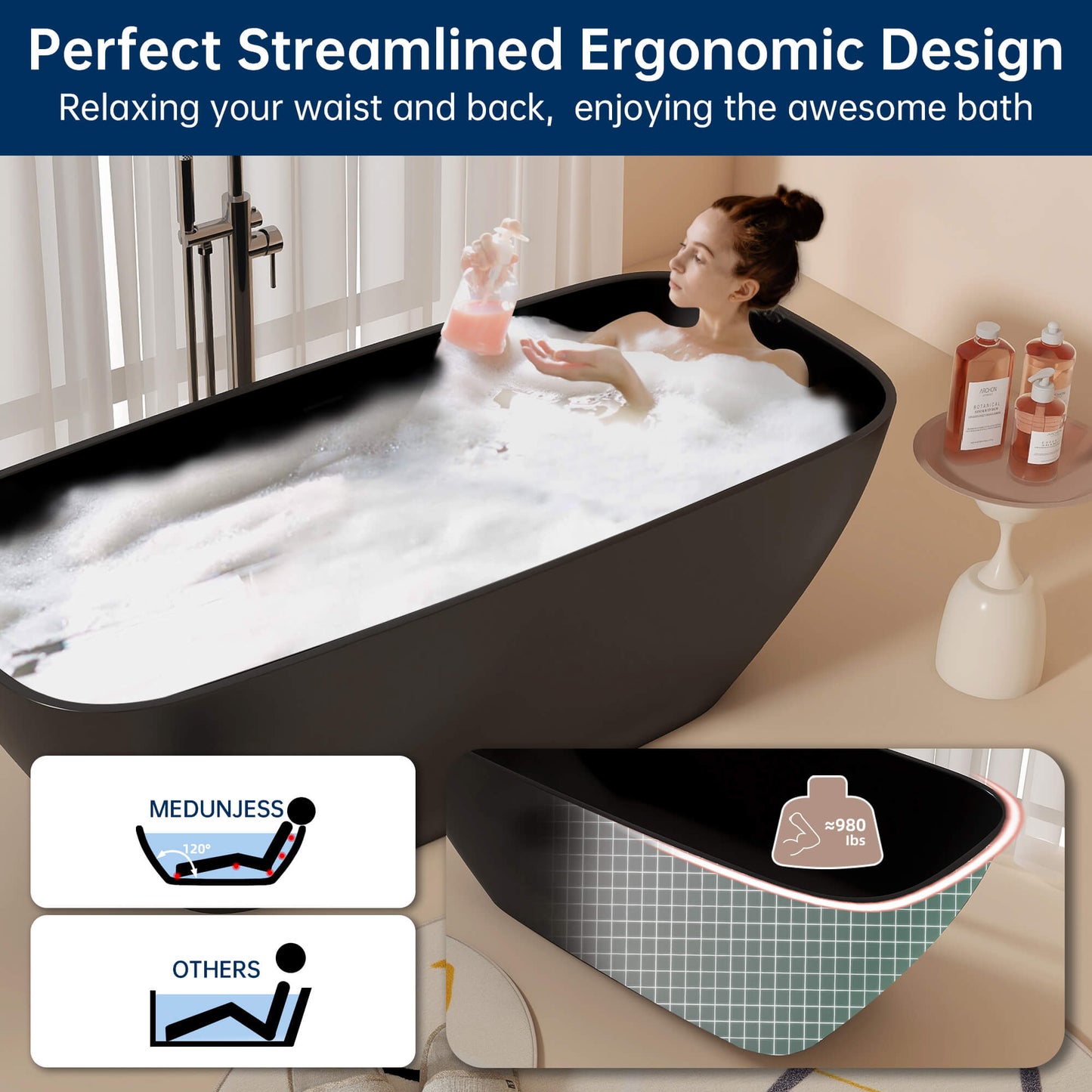 Medunjess 67'' Freestanding Soaking Bathtub Solid Surface Soaking Tubs in Matte Black