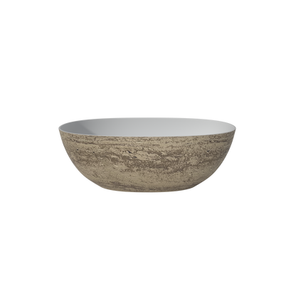 MEDUNJESS 63" Minimalist Travertine Solid Surface Boat-Shaped Freestanding Bathtub