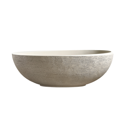 Medunjess 67" Linen Travertine Solid Surface Freestanding Bathtub – Warm Beige Organic Stone Soaking Tub