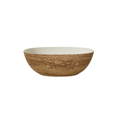 MEDUNJESS 63" Minimalist Travertine Solid Surface Boat-Shaped Freestanding Bathtub