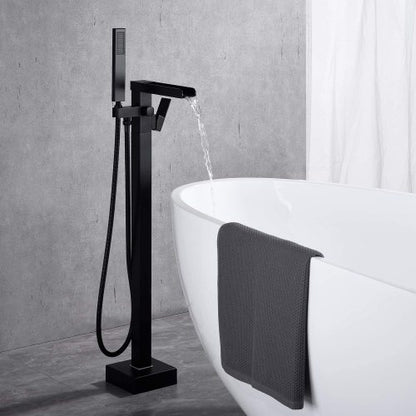 Medunjess Bathroom Freestanding Waterfall Tub filler Floor Mount Faucet with Hand Shower