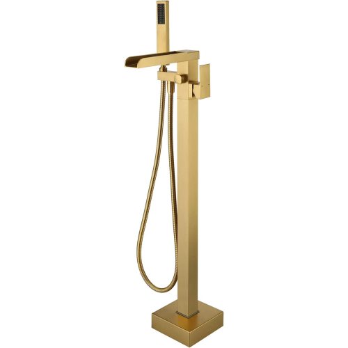 Medunjess Bathroom Freestanding Waterfall Tub filler Floor Mount Faucet with Hand Shower