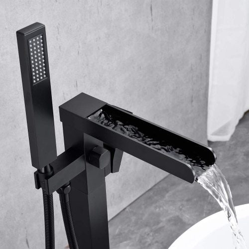 Medunjess Bathroom Freestanding Waterfall Tub filler Floor Mount Faucet with Hand Shower