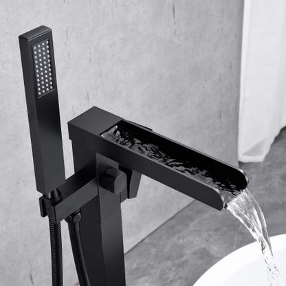 Medunjess Bathroom Freestanding Waterfall Tub filler Floor Mount Faucet with Hand Shower