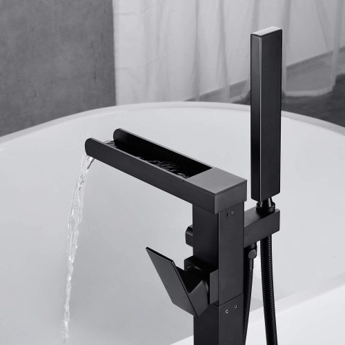 Medunjess Bathroom Freestanding Waterfall Tub filler Floor Mount Faucet with Hand Shower
