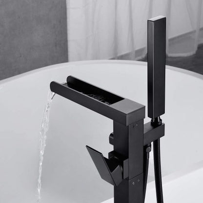 Medunjess Bathroom Freestanding Waterfall Tub filler Floor Mount Faucet with Hand Shower