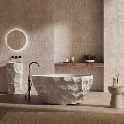 Medunjess 61" Minimalist Round Travertine-Texture Solid Surface Freestanding Bathtub