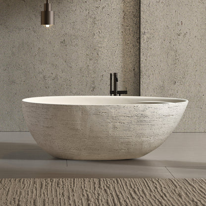 Medunjess 67" Travertine Stone Solid Surface Freestanding Bathtub Stone-Texture Soaking Tub