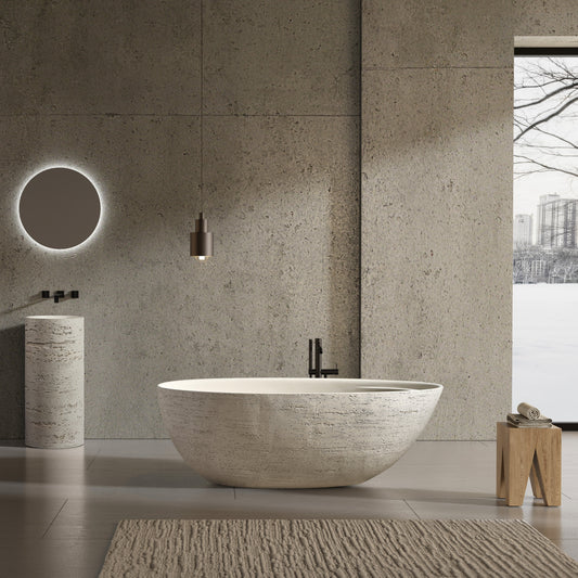 Modern bathroom with a freestanding bathtub, two cylindrical sinks, and circular mirrors.