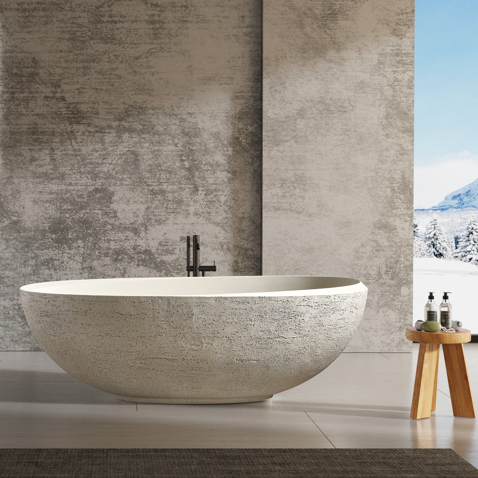 Modern bathroom with freestanding bathtub, sinks, and mirrors.