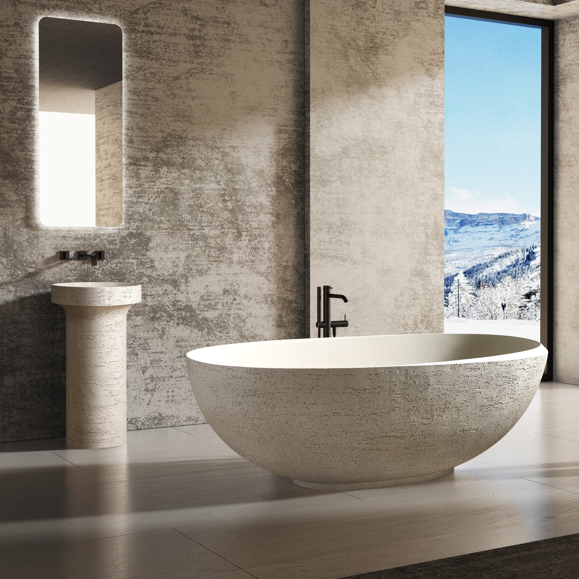 Modern bathroom with concrete walls, a freestanding bathtub, and a view of mountains.