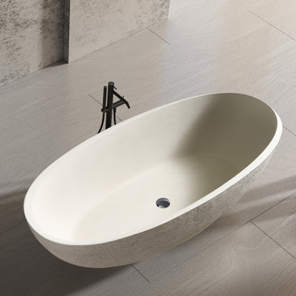 Modern bathroom with a freestanding bathtub and two wall-mounted sinks.