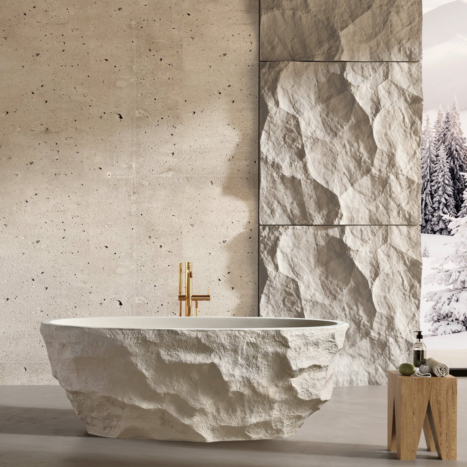 Modern bathroom with stone sink, bathtub, and mirrors against a concrete wall.