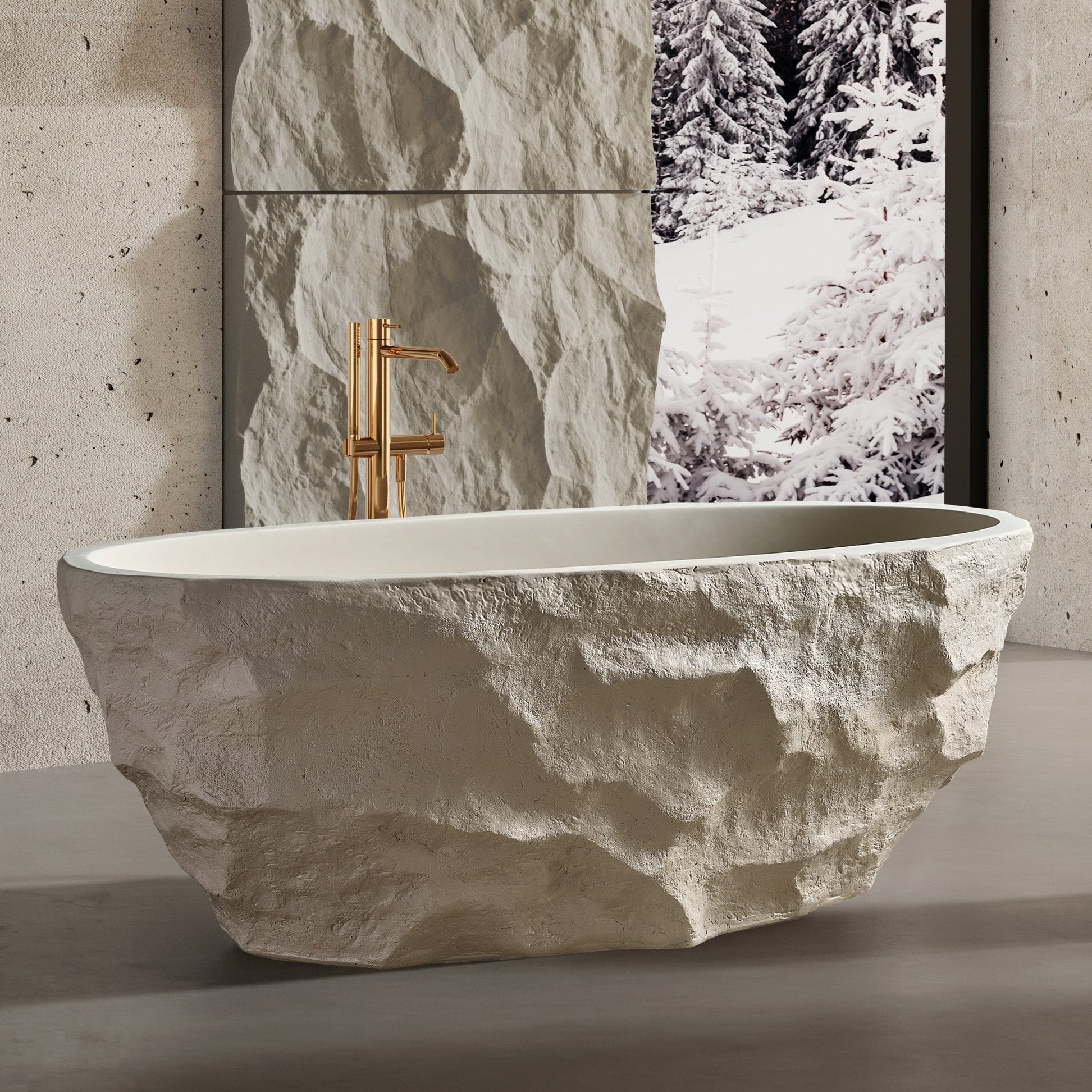 Modern bathroom with stone-look fixtures and a large window view.
