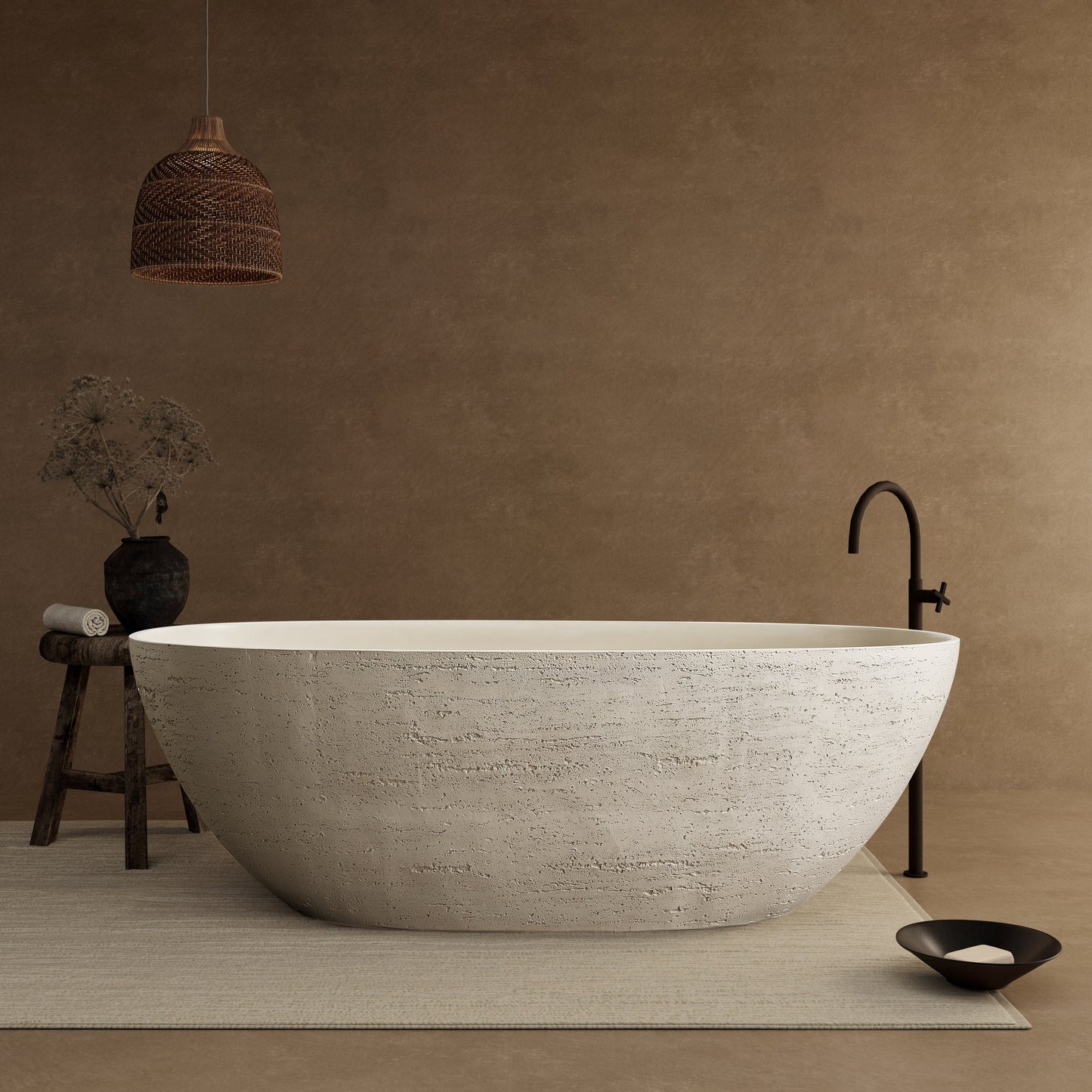 Medunjess 67" Linen Travertine Solid Surface Freestanding Bathtub – Warm Beige Organic Stone Soaking Tub