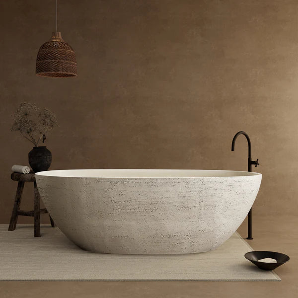 MEDUNJESS 67" Organic Modern Black Travertine Artificial Stone Freestanding Tub