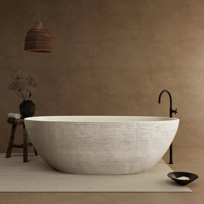 MEDUNJESS 67" Organic Modern Black Travertine Artificial Stone Freestanding Tub