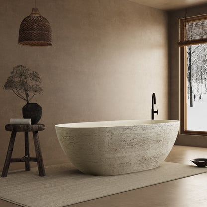 Medunjess 67" Linen Travertine Solid Surface Freestanding Bathtub – Warm Beige Organic Stone Soaking Tub