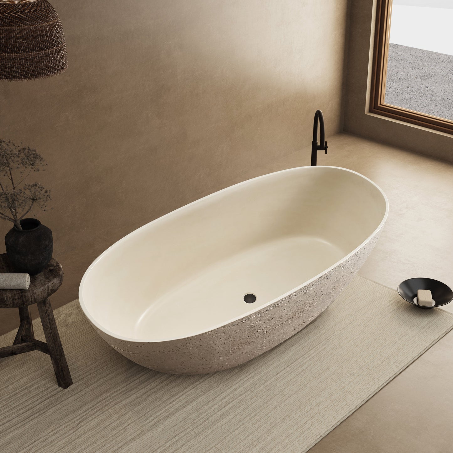 Medunjess 67" Linen Travertine Solid Surface Freestanding Bathtub – Warm Beige Organic Stone Soaking Tub