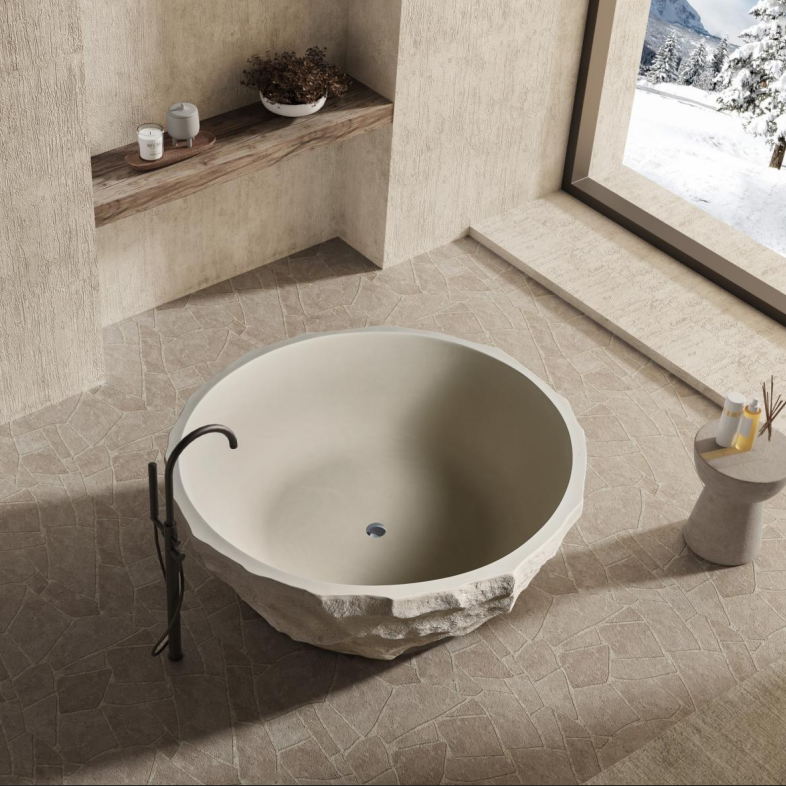 Medunjess 61" Minimalist Round Travertine-Texture Solid Surface Freestanding Bathtub