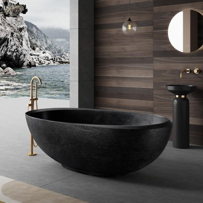 MEDUNJESS 67" Organic Modern Black Travertine Artificial Stone Freestanding Tub