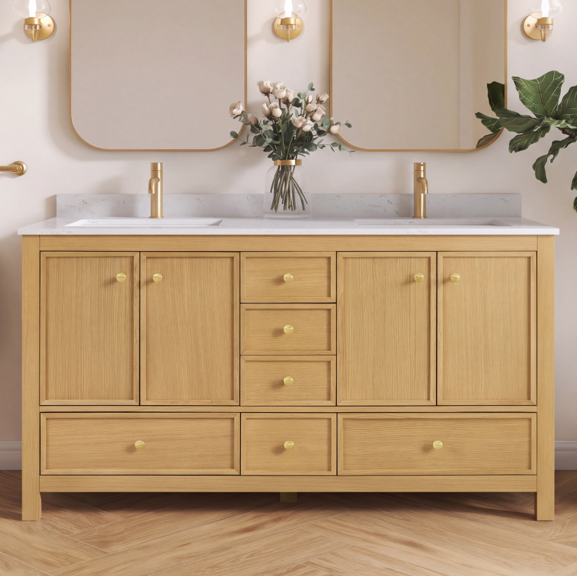 Medunjess 60" Freestanding Double Sink Bathroom Vanity Set with Engineered Stone Countertop, Backsplash & Dual Hardware Options - Medium Straight Grain Oak