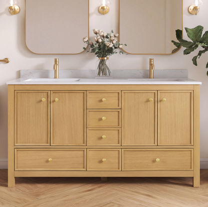 Medunjess 60" Freestanding Double Sink Bathroom Vanity Set with Engineered Stone Countertop, Backsplash & Dual Hardware Options - Medium Straight Grain Oak