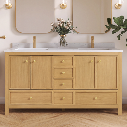 Medunjess 60" Freestanding Double Sink Bathroom Vanity Set with Engineered Stone Countertop, Backsplash & Dual Hardware Options - Medium Straight Grain Oak