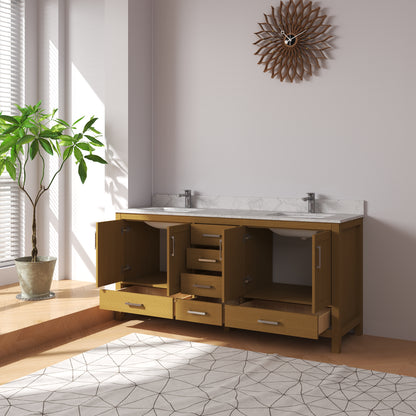 Medunjess 72" Double Sink Rubberwood Vanity with Quartz Top & 6 Drawers