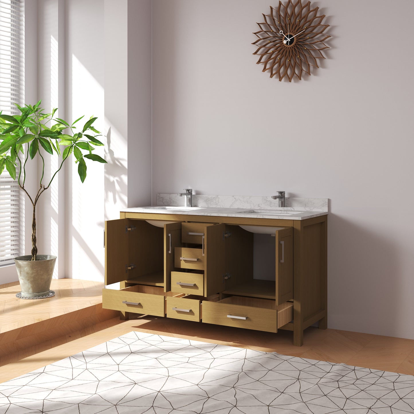Medunjess 60" 84" Natural Wood Bathroom Vanity with Quartz Top