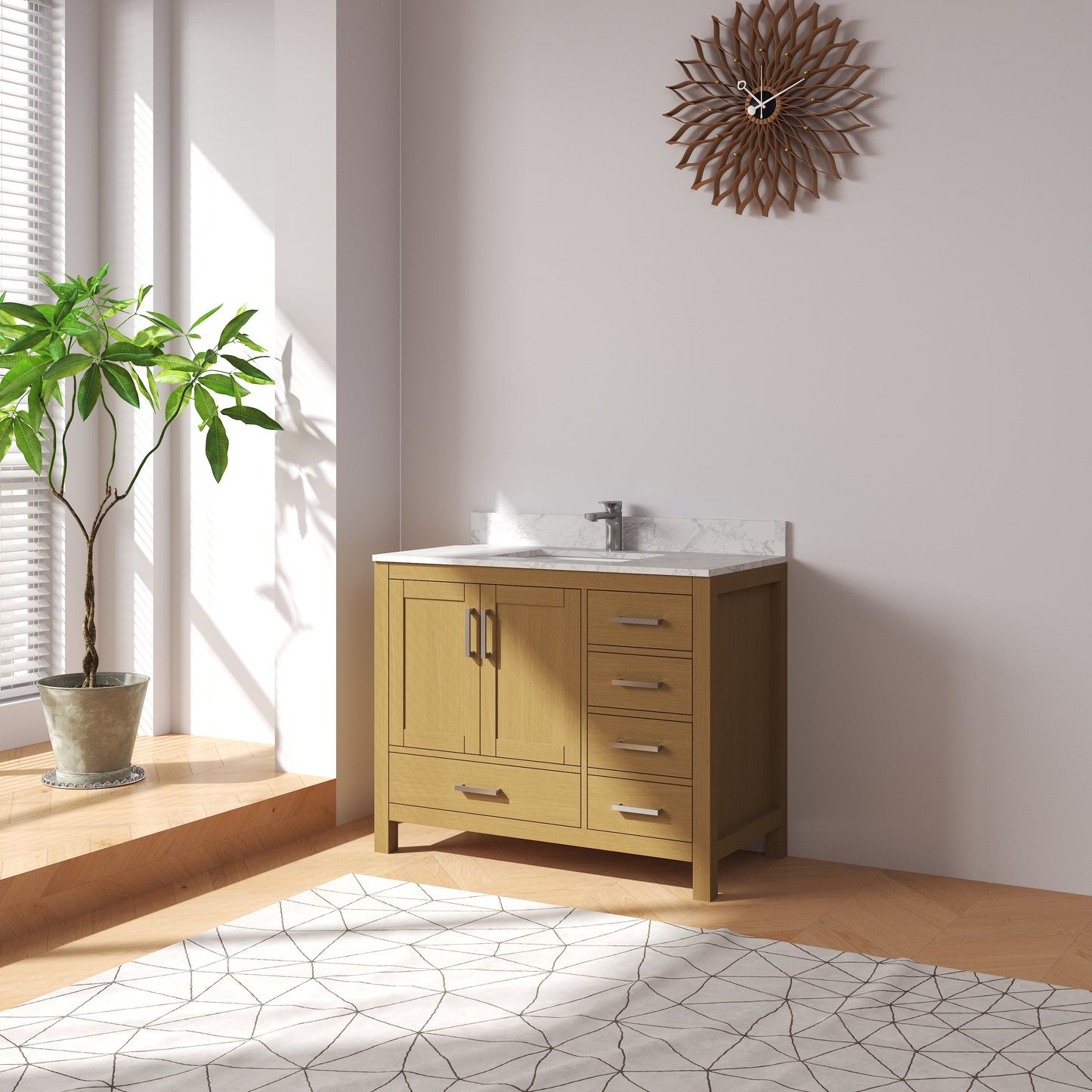 Medunjess 42" Modern Quartz Top Natural Wood Vanity