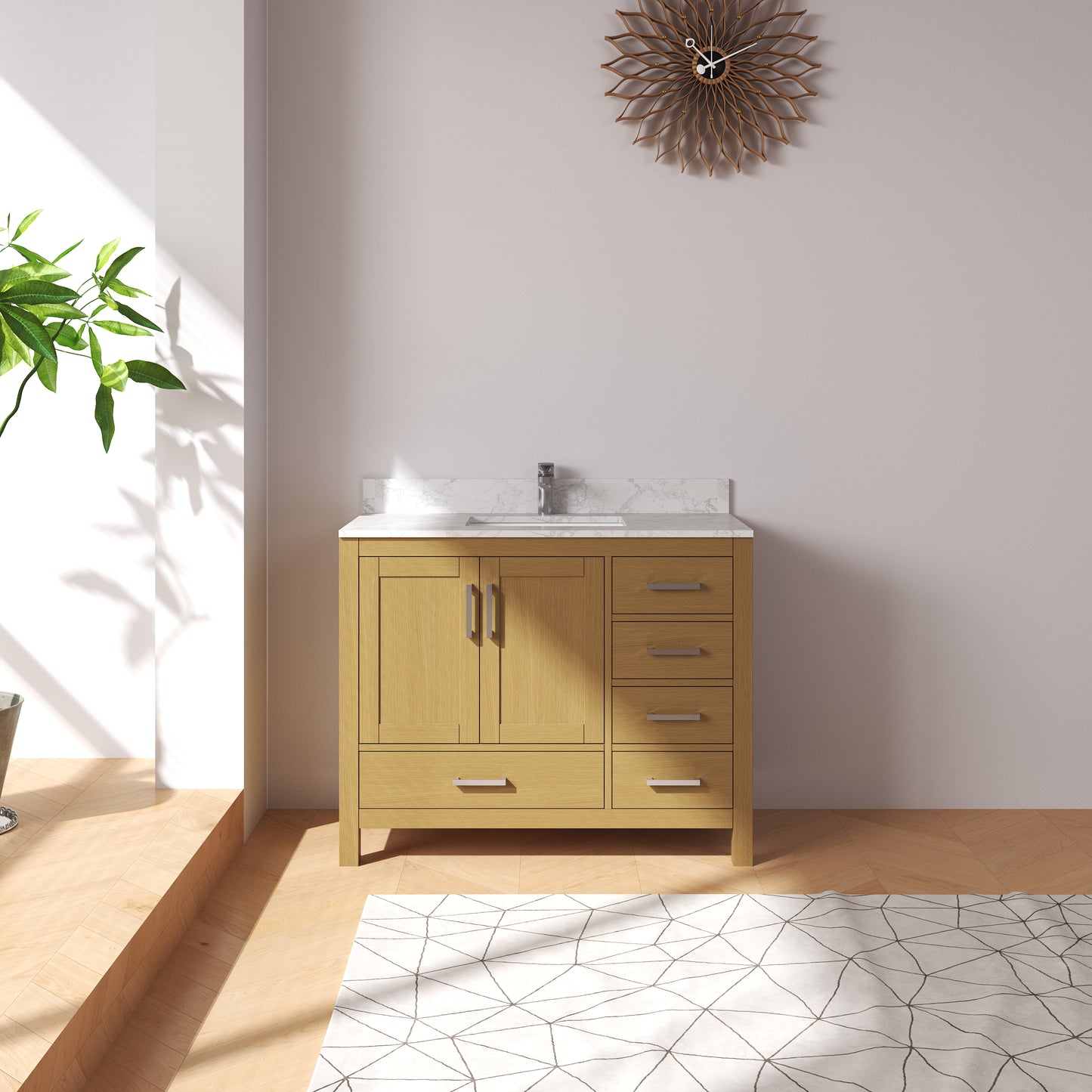 Medunjess 42" Modern Quartz Top Natural Wood Vanity