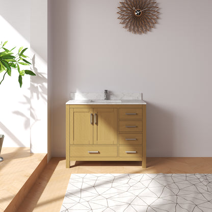 Medunjess 42" Modern Quartz Top Natural Wood Vanity