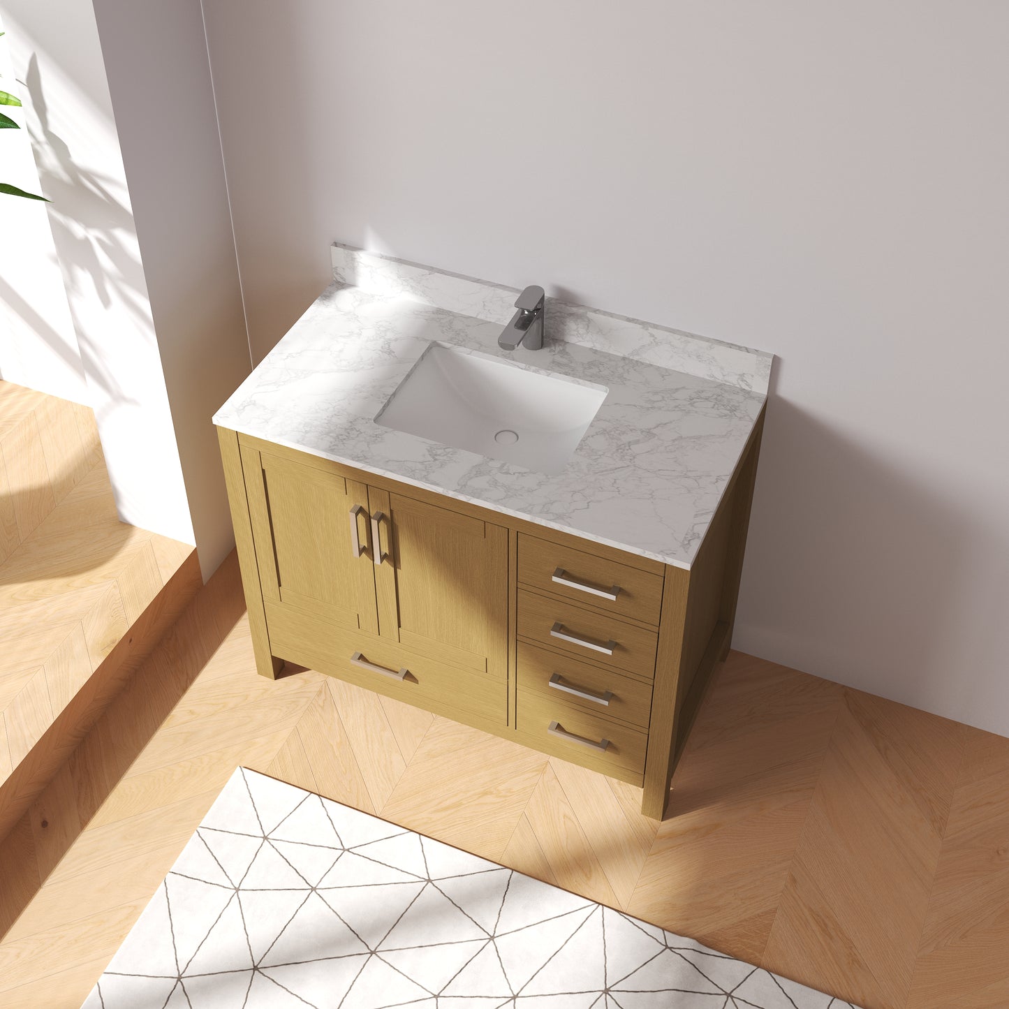 Medunjess 42" Modern Quartz Top Natural Wood Vanity