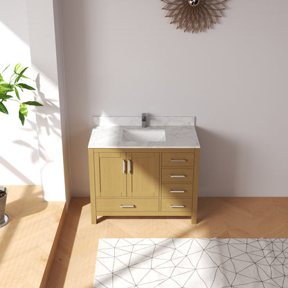 Medunjess 42" Modern Quartz Top Natural Wood Vanity