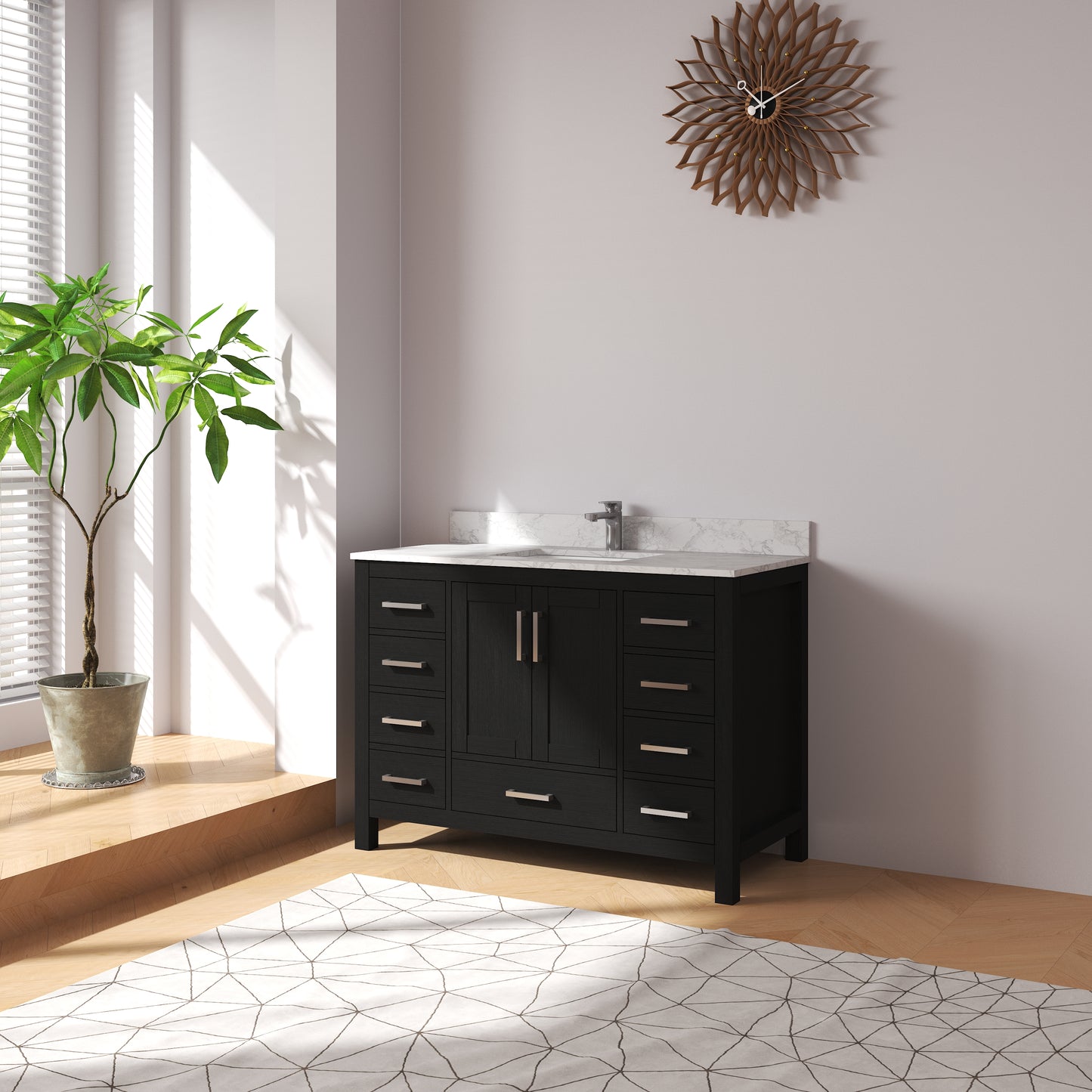 Medunjess 48" Black Wood Oak-Style Bathroom Vanity with Quartz Sink