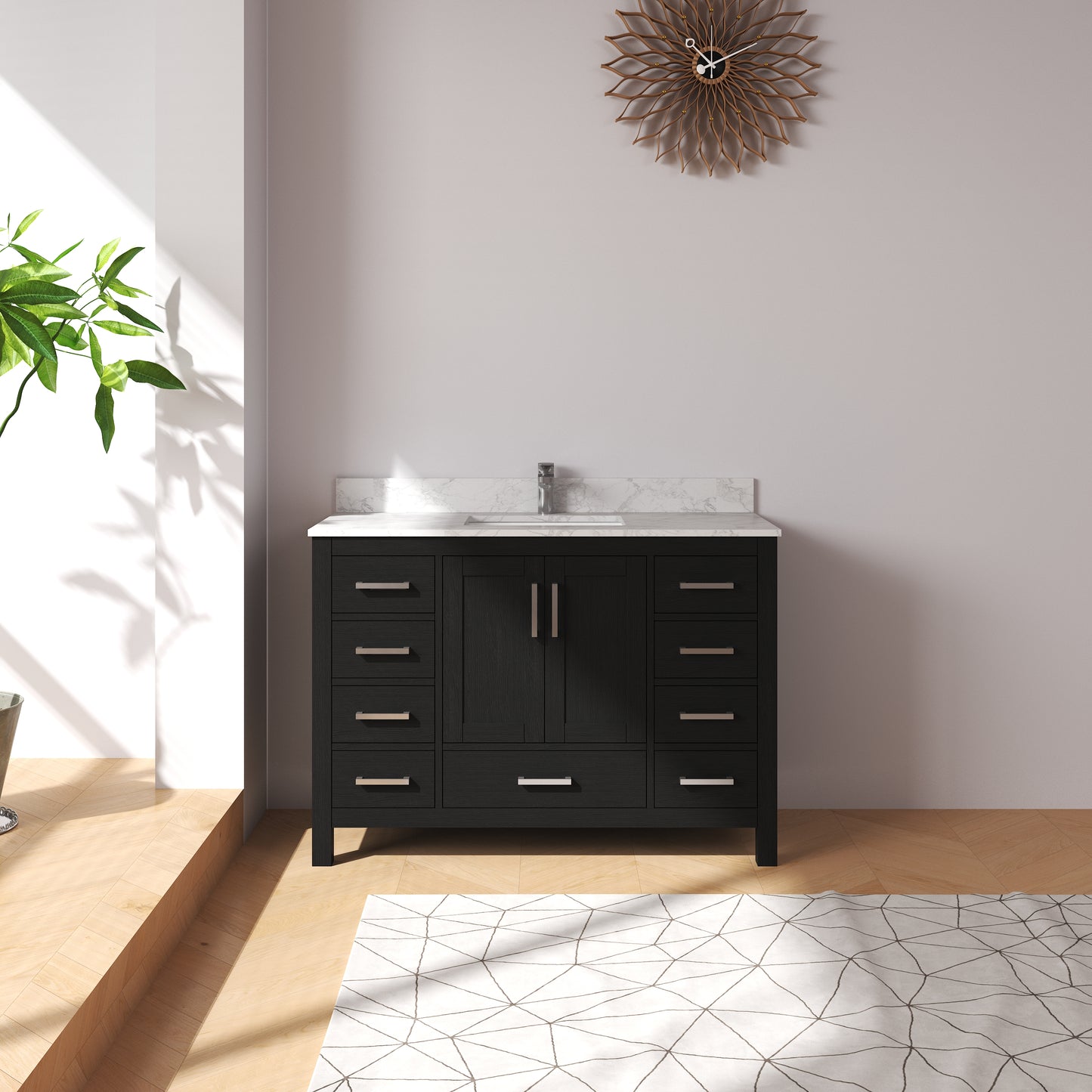 Medunjess 48" Black Wood Oak-Style Bathroom Vanity with Quartz Sink