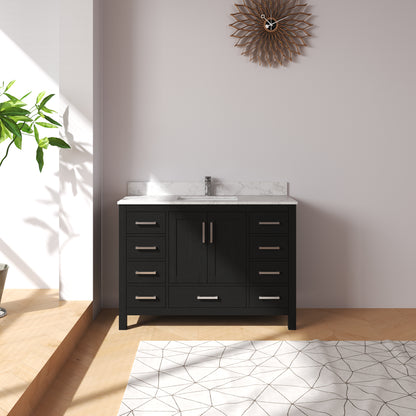 Medunjess 48" Black Wood Oak-Style Bathroom Vanity with Quartz Sink