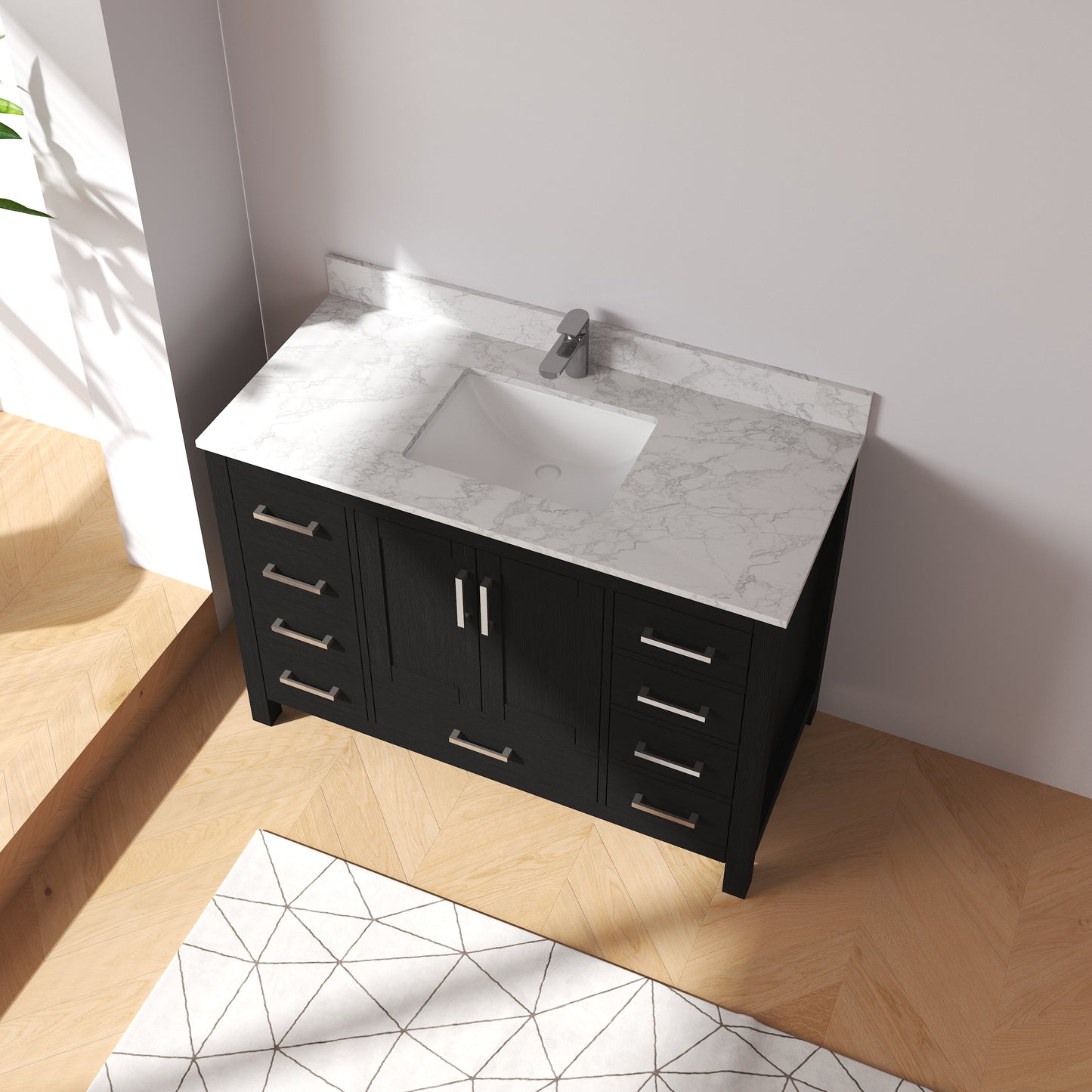 Medunjess 48" Black Wood Oak-Style Bathroom Vanity with Quartz Sink