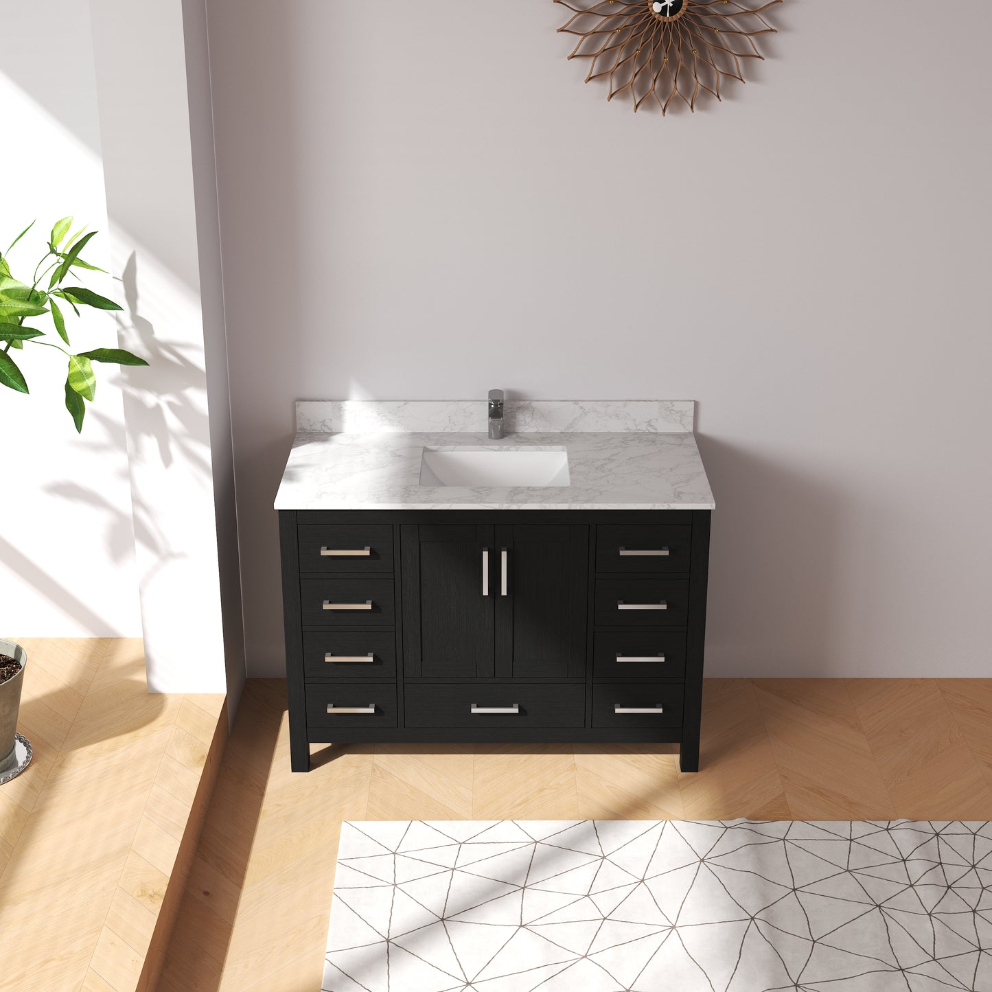 Medunjess 48" Black Wood Oak-Style Bathroom Vanity with Quartz Sink