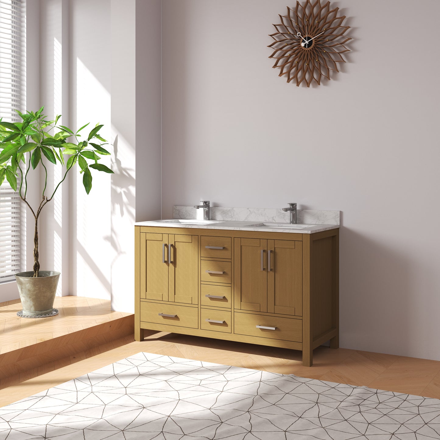 Medunjess 55" Natural Wood Double Sink Vanity with Quartz Top
