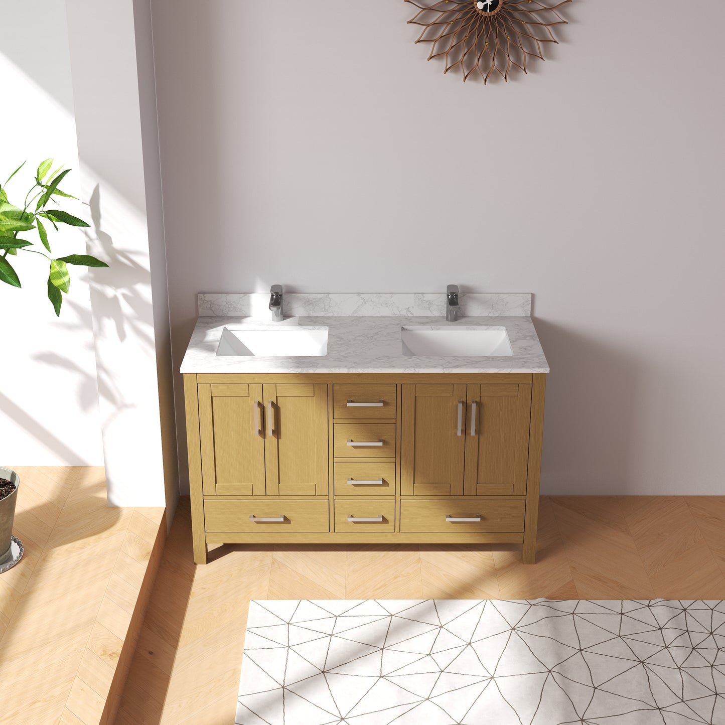 Medunjess 55" Natural Wood Double Sink Vanity with Quartz Top