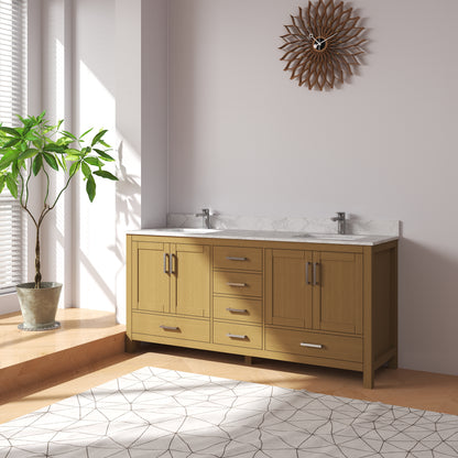 Medunjess 72" Double Sink Rubberwood Vanity with Quartz Top & 6 Drawers