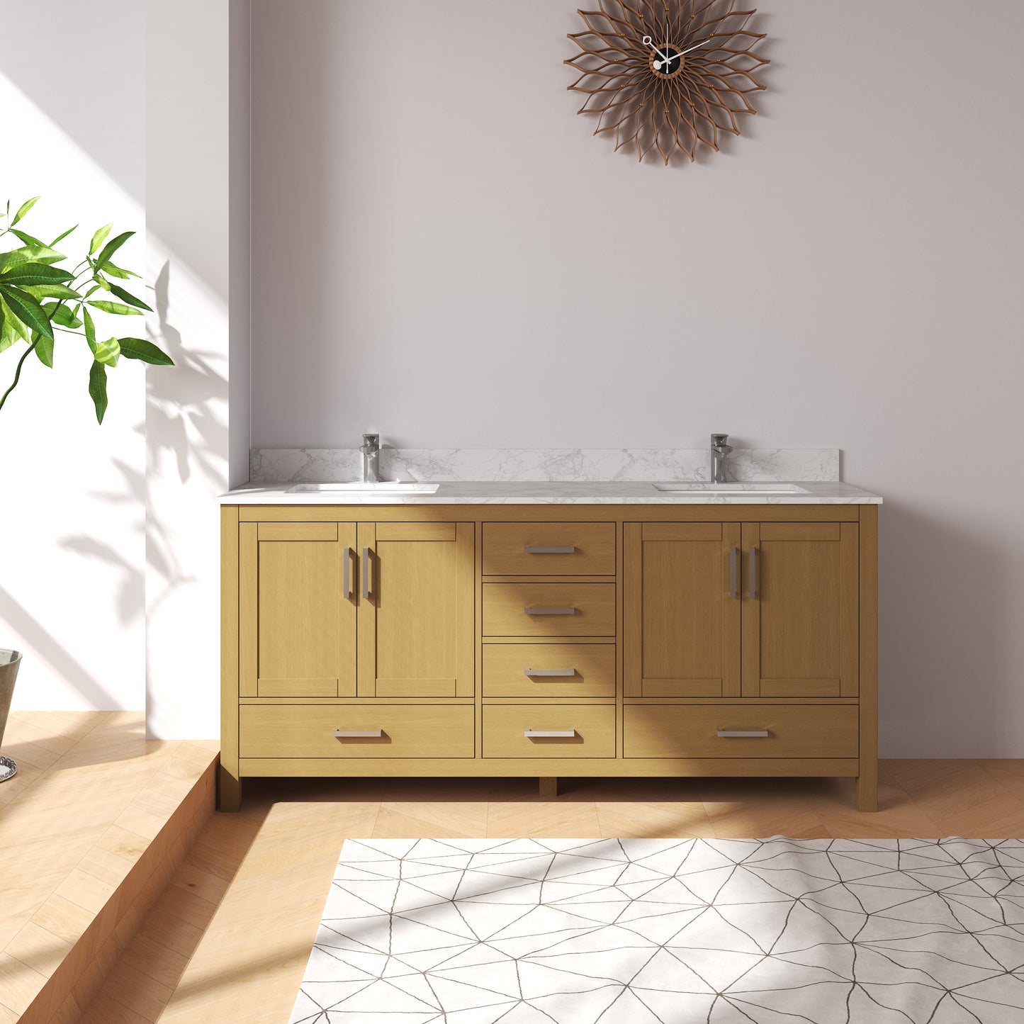 Medunjess 72" Double Sink Rubberwood Vanity with Quartz Top & 6 Drawers