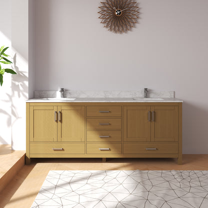 Medunjess 60" 84" Natural Wood Bathroom Vanity with Quartz Top