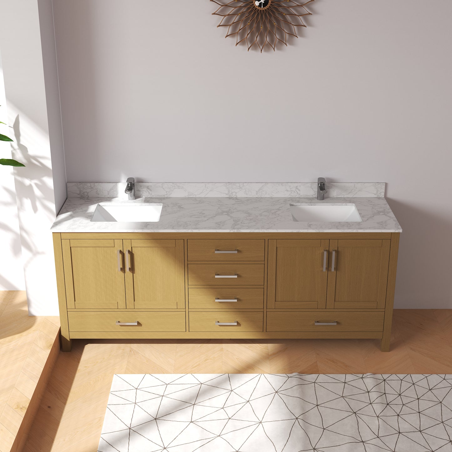 Medunjess 60" 84" Natural Wood Bathroom Vanity with Quartz Top